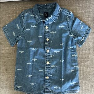 GAP Boys Denim Shark-Print Button-Front Shirt - Blue